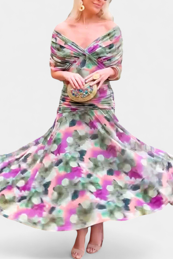 Vasilisa Long Dress with Fantasy Floral Print and V-Neck