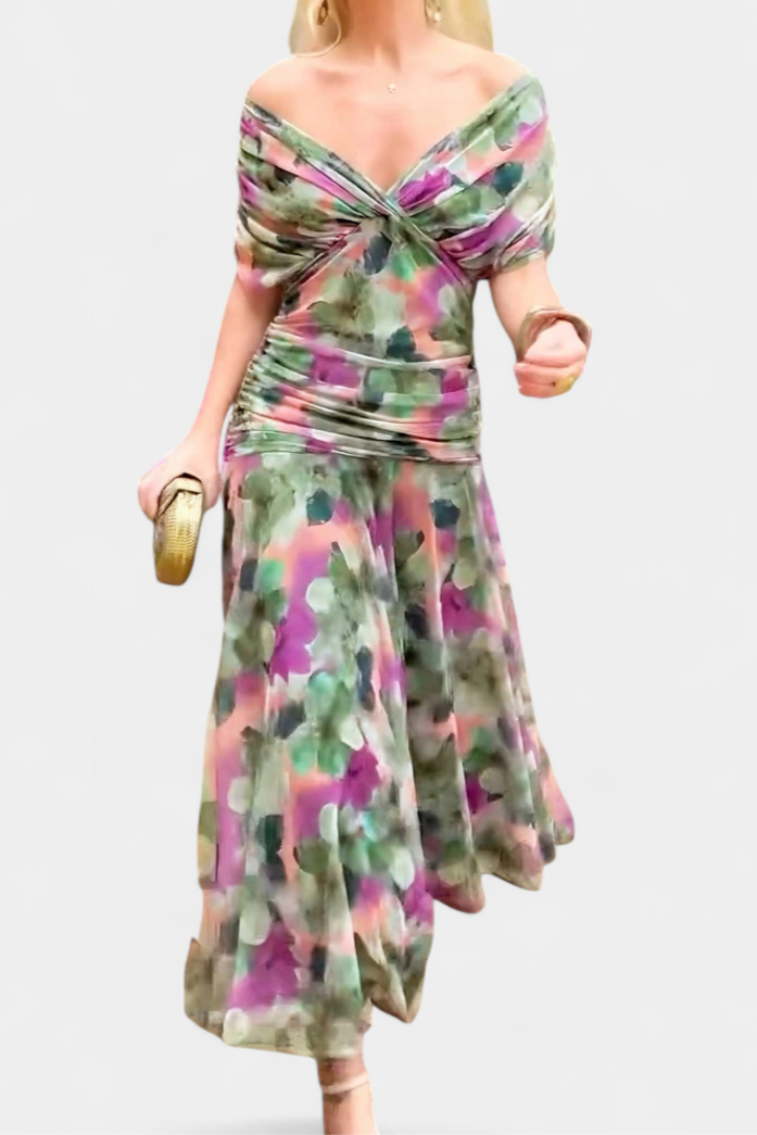 Vasilisa Long Dress with Fantasy Floral Print and V-Neck