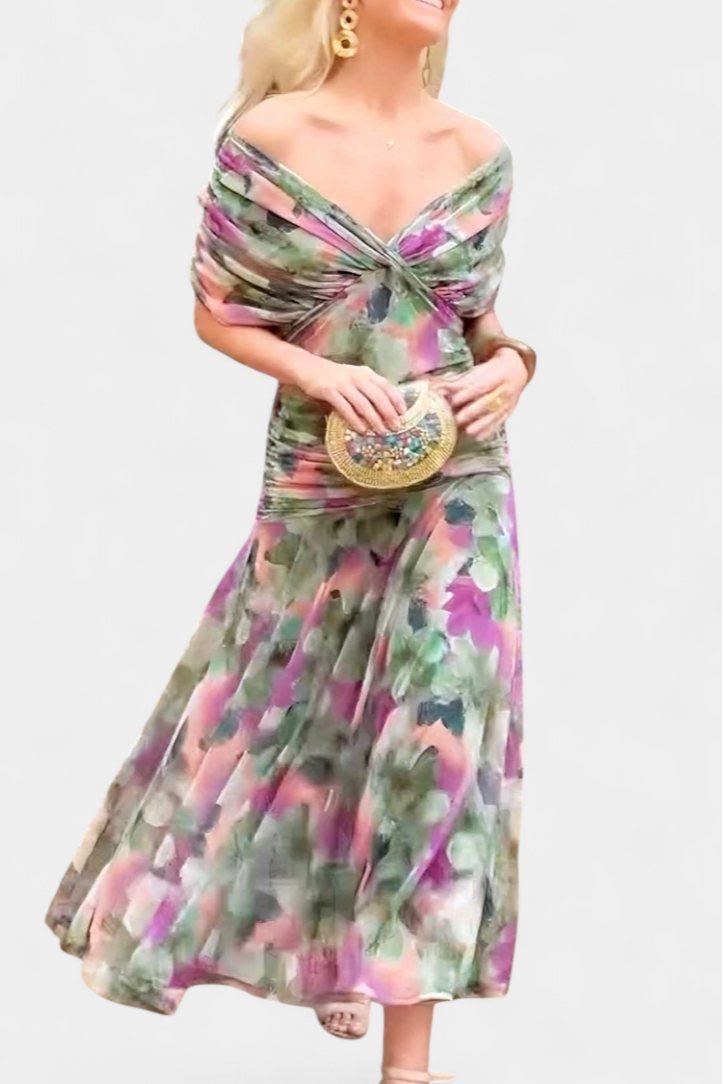 Vasilisa Long Dress with Fantasy Floral Print and V-Neck