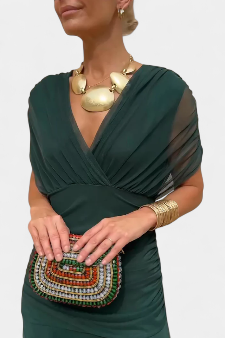 Vasilisa Long Dress with Fantasy Floral Print and V-Neck