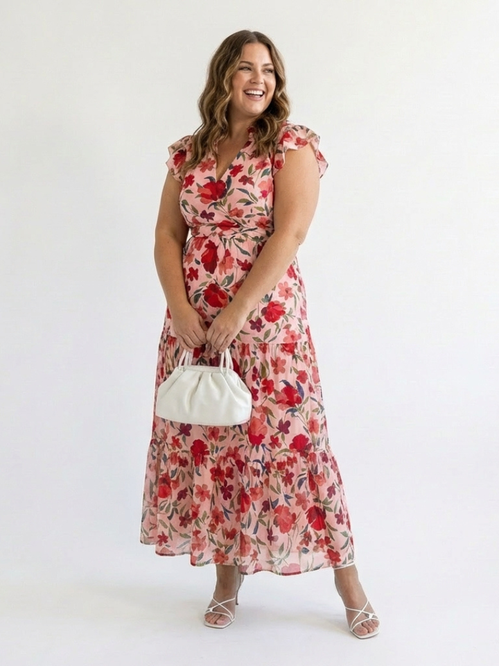 Emma | Floral V Neck Tiered Midi Dress