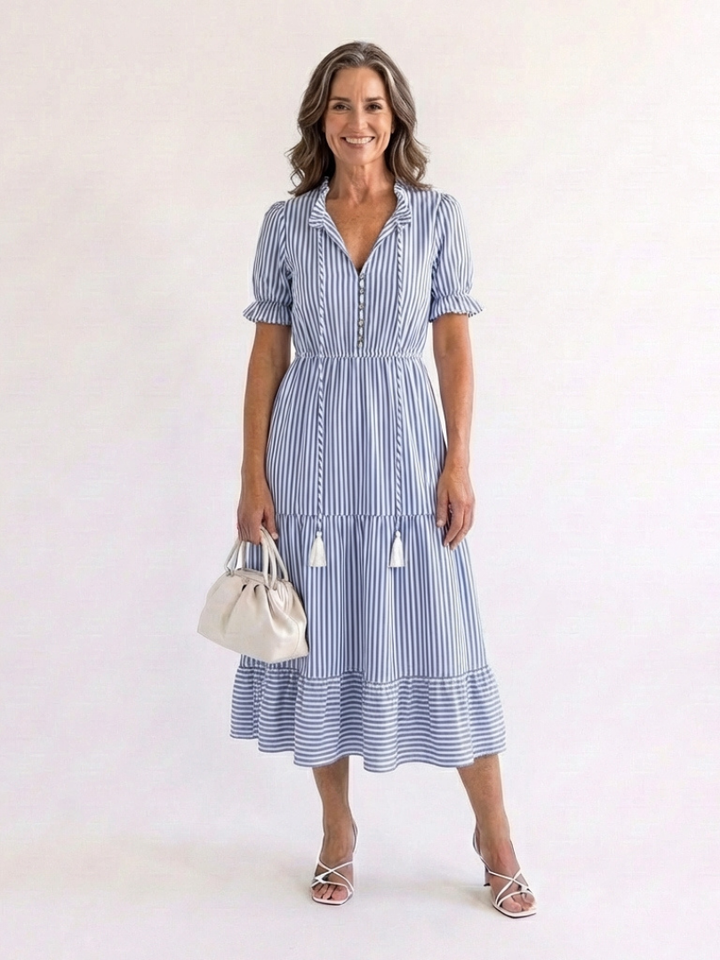 Mirelle | Short Sleeve Striped Tiered Midi Dress