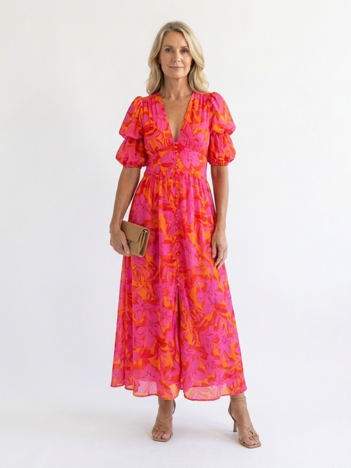 Sophie | Floral V Neck Puff Sleeve Midi Dress