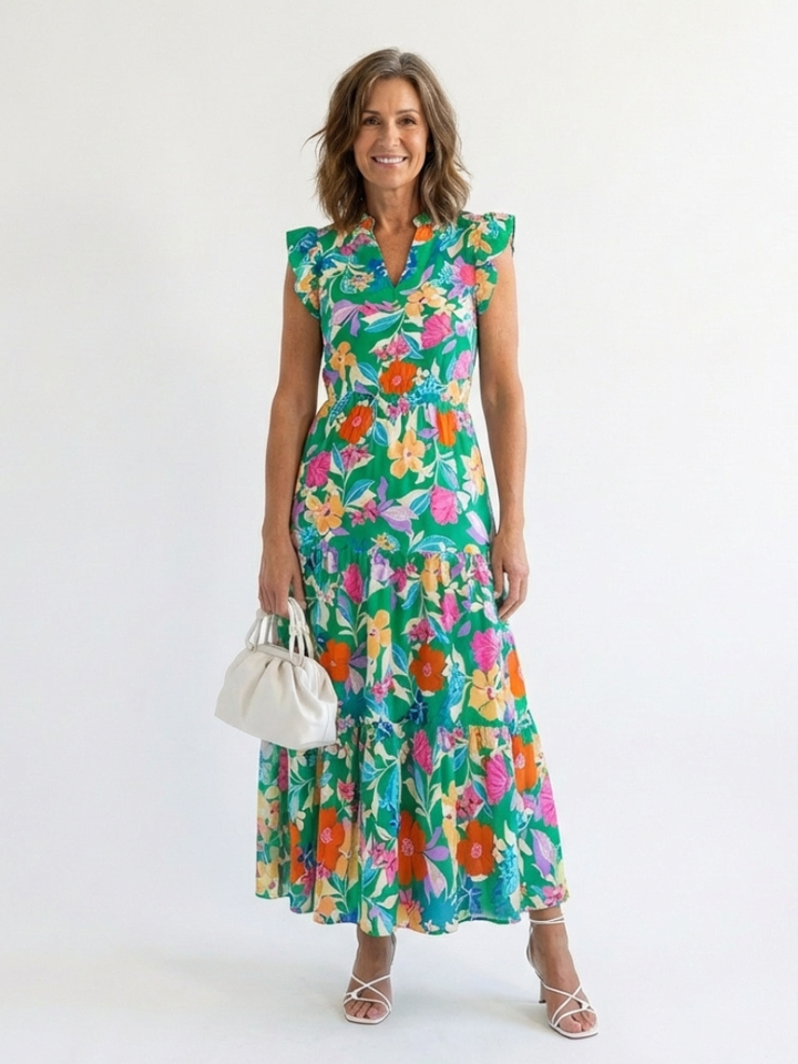 Emma | Floral V Neck Tiered Midi Dress