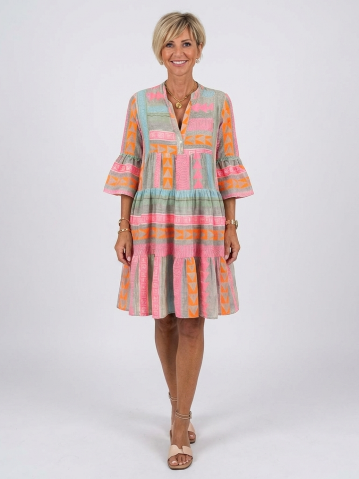 Maelis | Geometric Print V Neck Tiered Knee Length Dress
