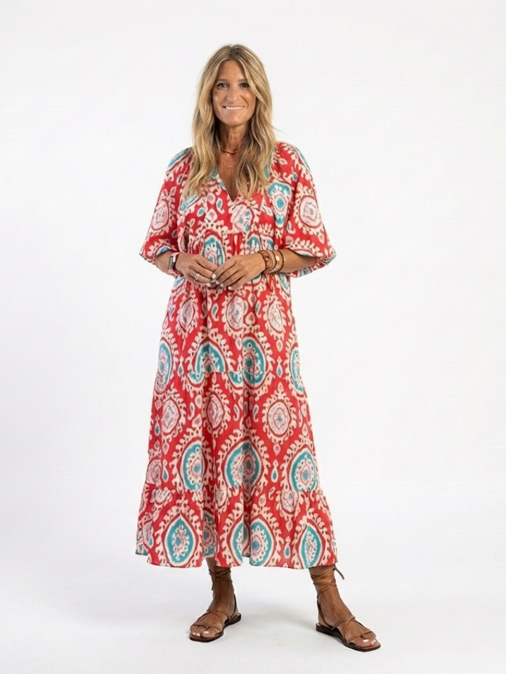 Alira | Paisley Print V Neck Short Sleeve Midi Dress