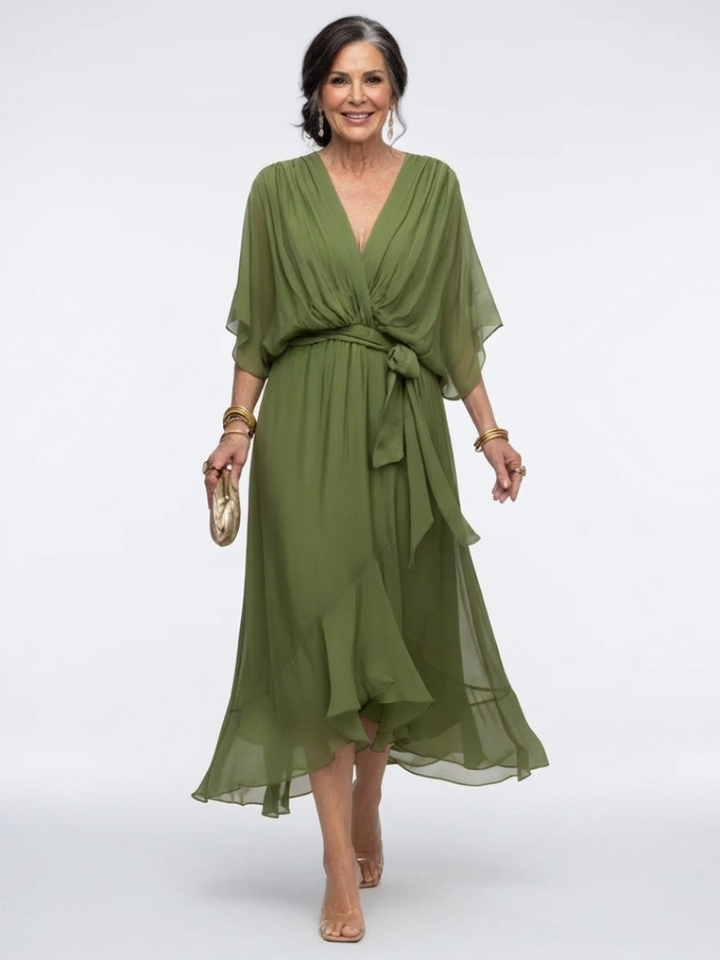 Naledi | V Neck Draped Waist Tie Midi Dress