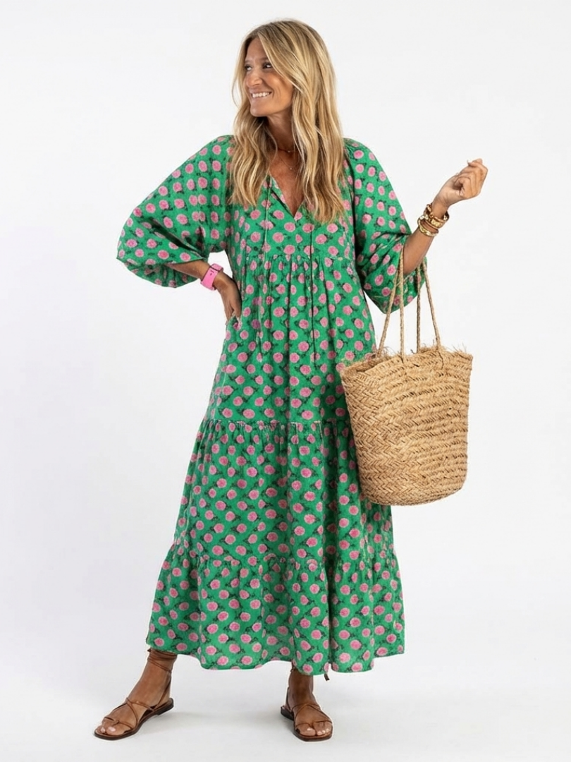 Lioren | Floral Print V Neck Tiered Midi Dress