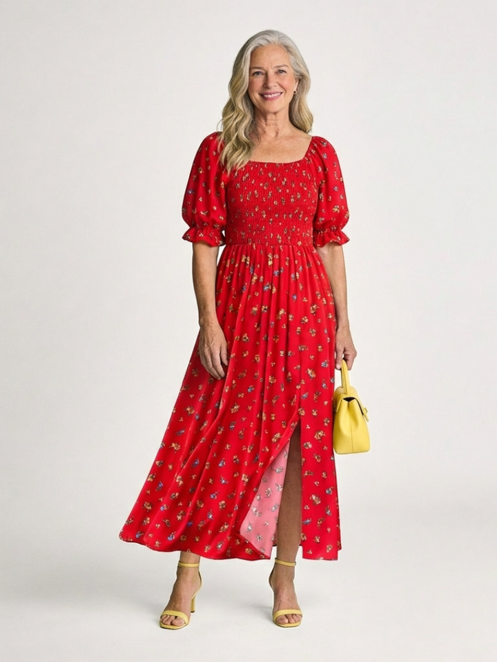 Soraya | Square Neck Floral Puff Sleeve Midi Dress