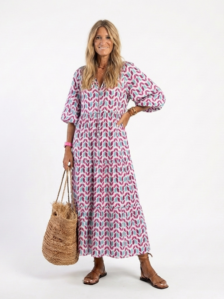 Calen | Geometric Print Long Sleeve Tiered Midi Dress