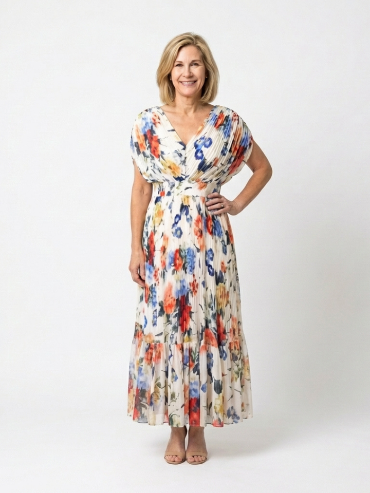 Hannah | Short Sleeve Pleated Floral Midi Dress