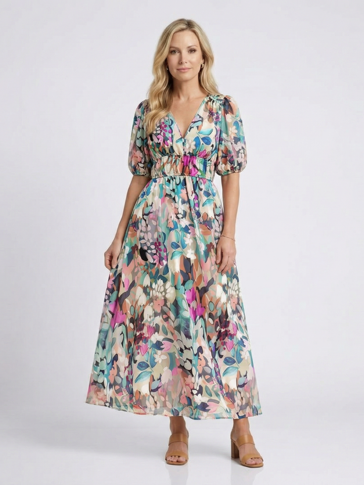 Maya | V Neck Short Sleeve Gathered Waist Midi Dress