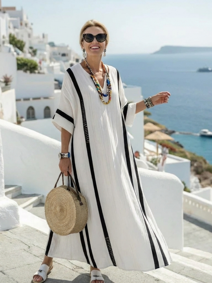 Thalia | Short Sleeve Color Block Striped Maxi Dress