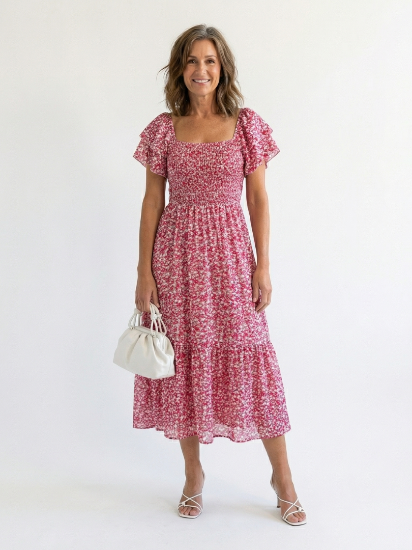 Velora | Off Shoulder Floral Smocked Midi Dress