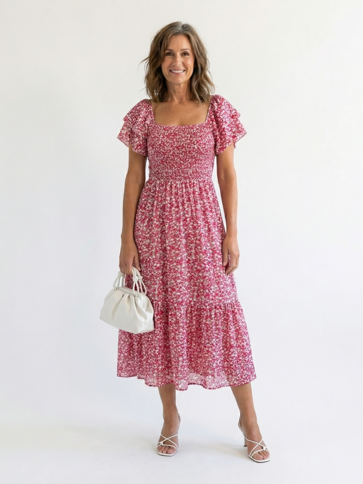 Velora | Off Shoulder Floral Smocked Midi Dress