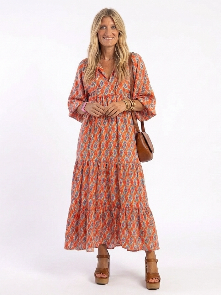 Elaris | Geometric Print V Neck Tiered Midi Dress