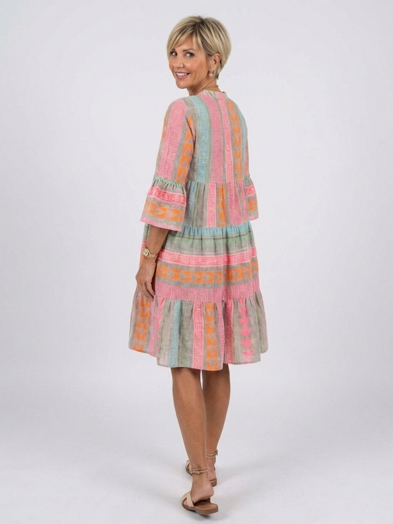 Maelis | Geometric Print V Neck Tiered Knee Length Dress