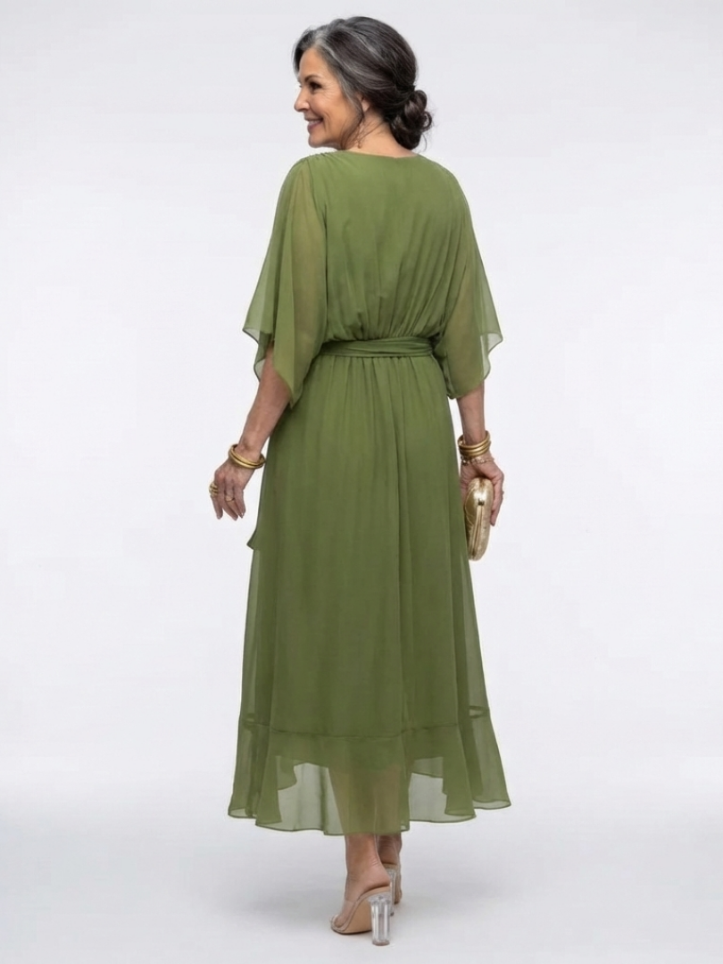 Naledi | V Neck Draped Waist Tie Midi Dress