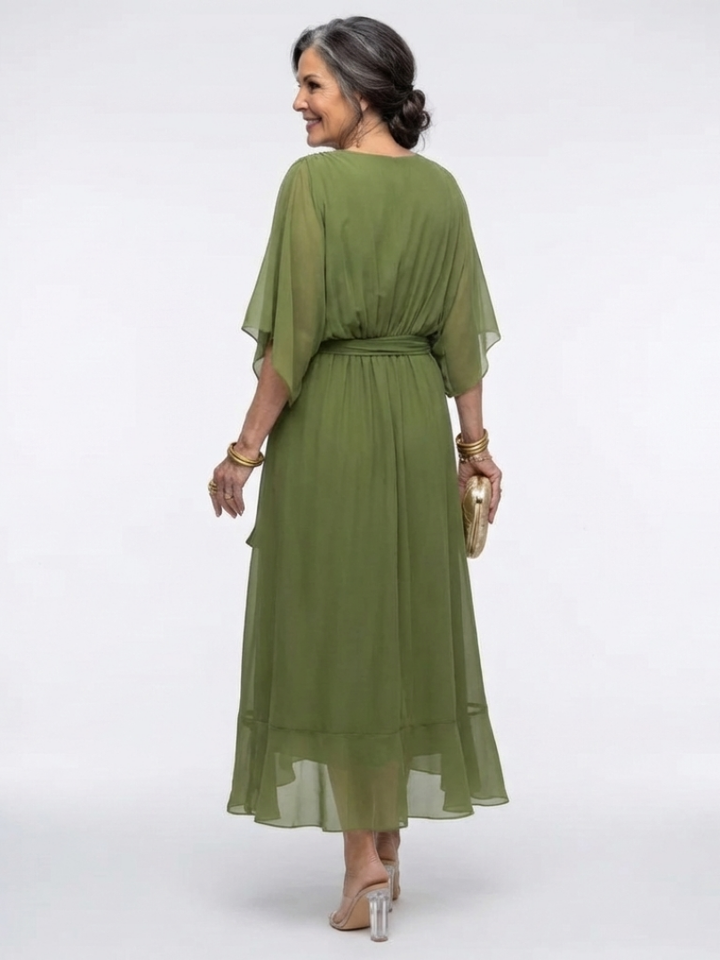 Naledi | V Neck Draped Waist Tie Midi Dress