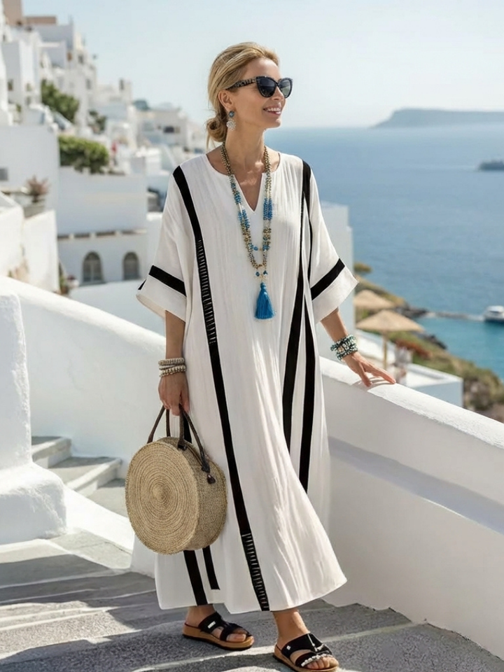 Thalia | Short Sleeve Color Block Striped Maxi Dress