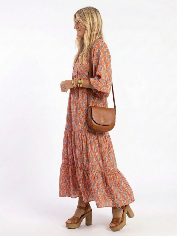 Elaris | Geometric Print V Neck Tiered Midi Dress