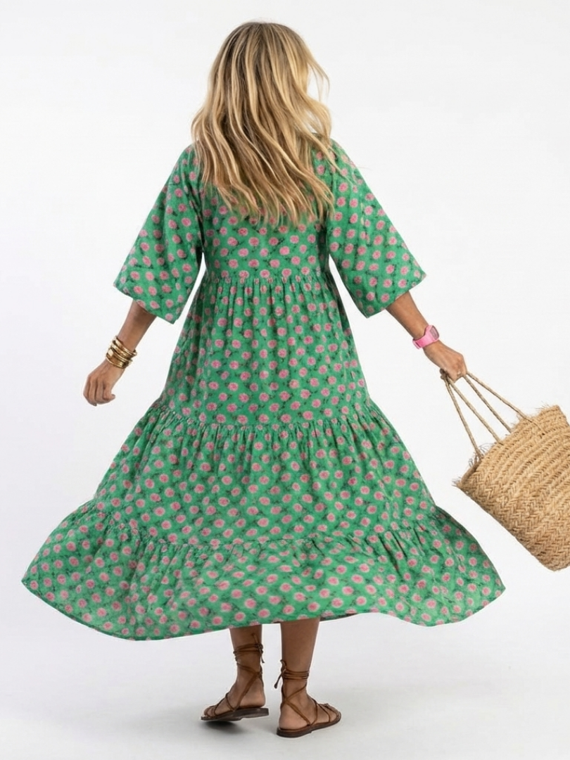 Lioren | Floral Print V Neck Tiered Midi Dress