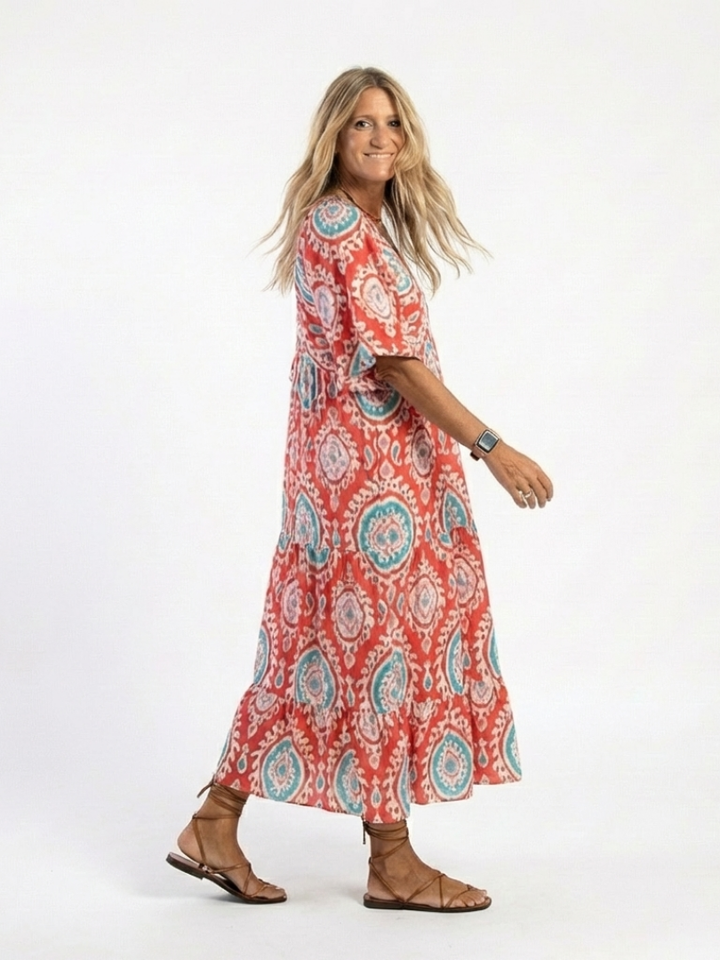 Alira | Paisley Print V Neck Short Sleeve Midi Dress