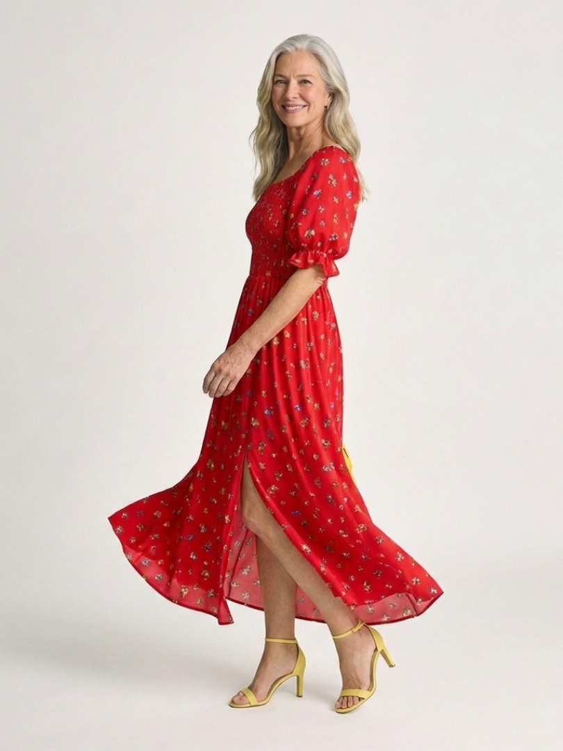Soraya | Square Neck Floral Puff Sleeve Midi Dress