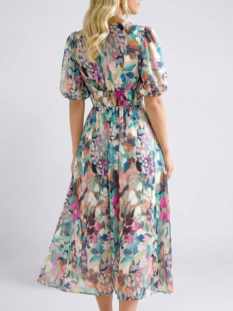 Maya | V Neck Short Sleeve Gathered Waist Midi Dress
