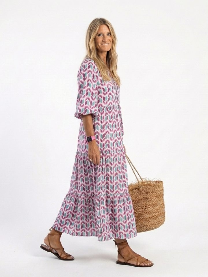 Calen | Geometric Print Long Sleeve Tiered Midi Dress
