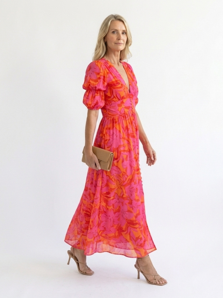 Sophie | Floral V Neck Puff Sleeve Midi Dress