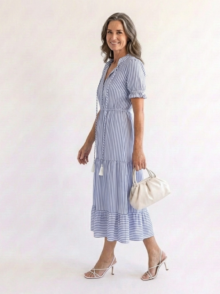 Mirelle | Short Sleeve Striped Tiered Midi Dress