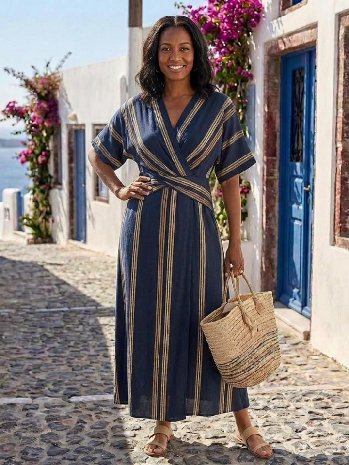 Ione | V Neck Short Sleeve Striped Wrap Midi Dress