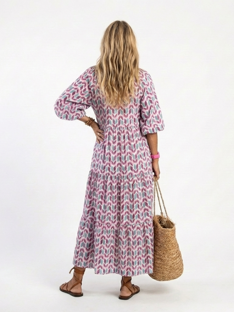Calen | Geometric Print Long Sleeve Tiered Midi Dress