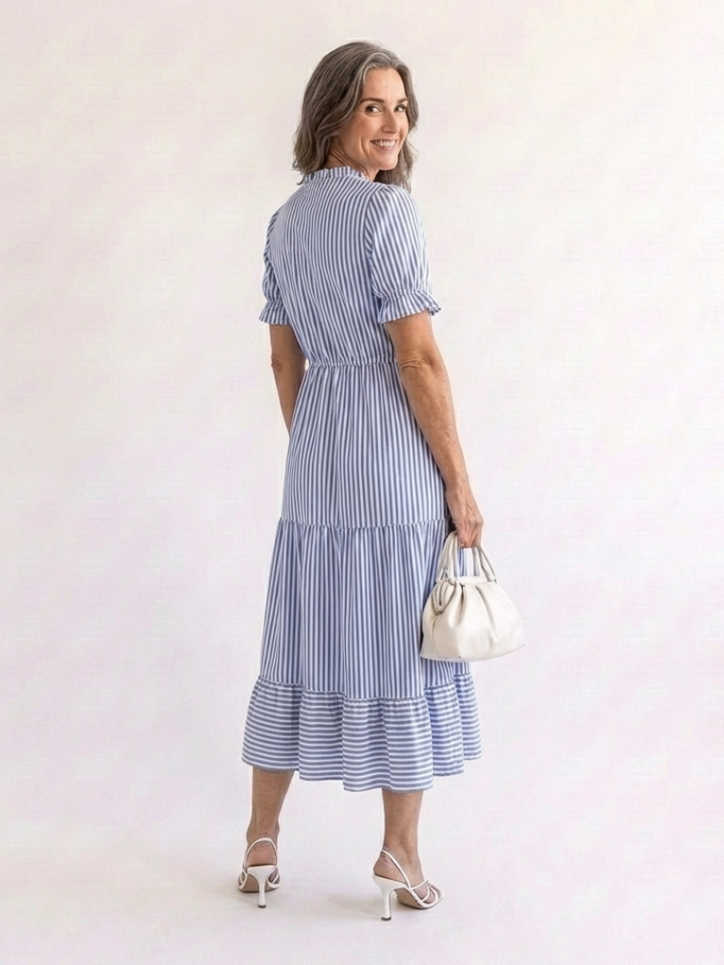 Mirelle | Short Sleeve Striped Tiered Midi Dress