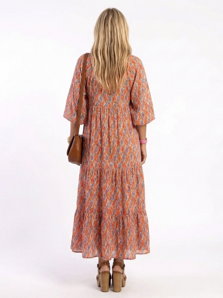 Elaris | Geometric Print V Neck Tiered Midi Dress
