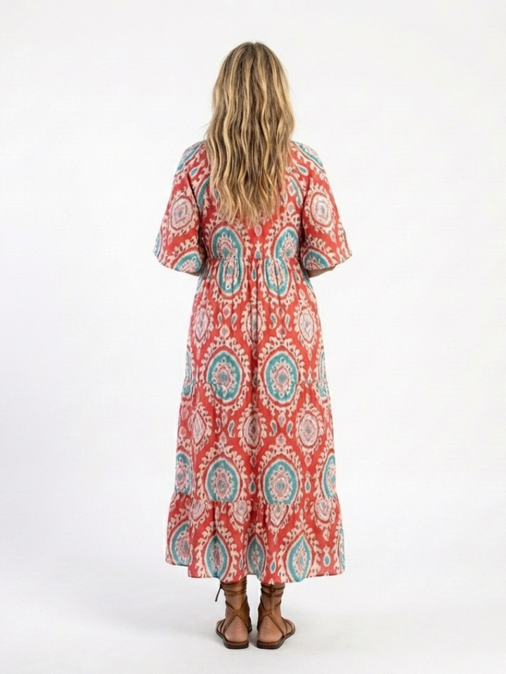 Alira | Paisley Print V Neck Short Sleeve Midi Dress