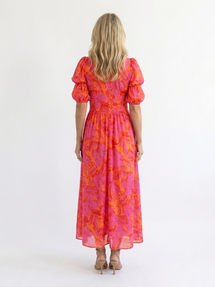 Sophie | Floral V Neck Puff Sleeve Midi Dress