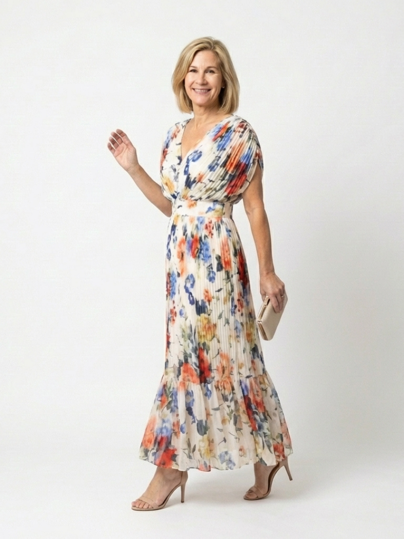 Hannah | Short Sleeve Pleated Floral Midi Dress