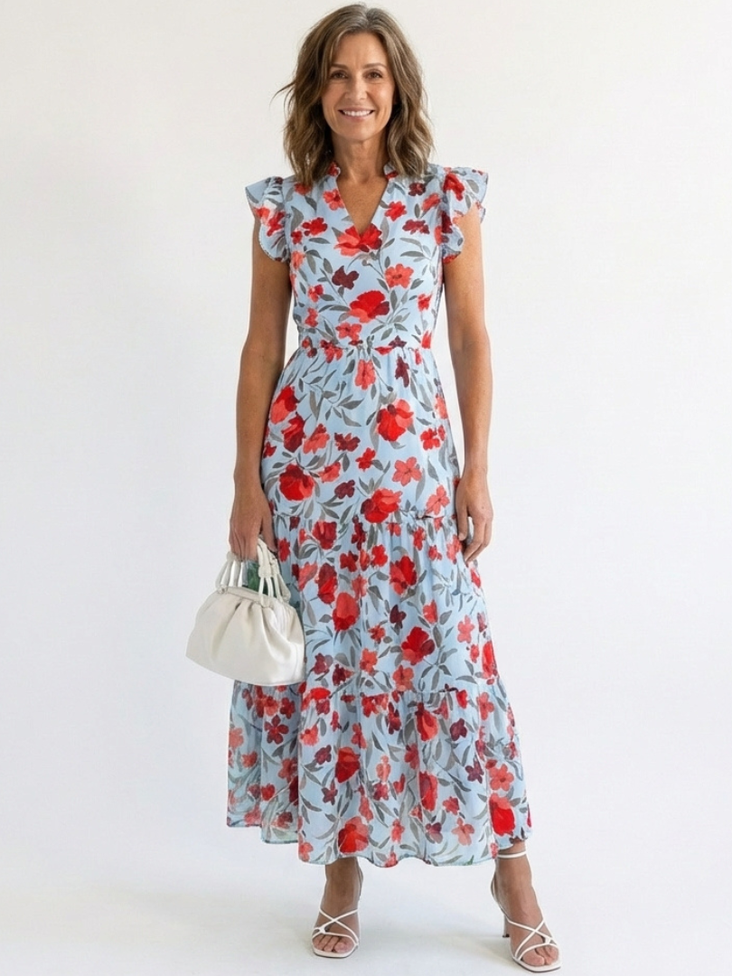 Emma | Floral V Neck Tiered Midi Dress