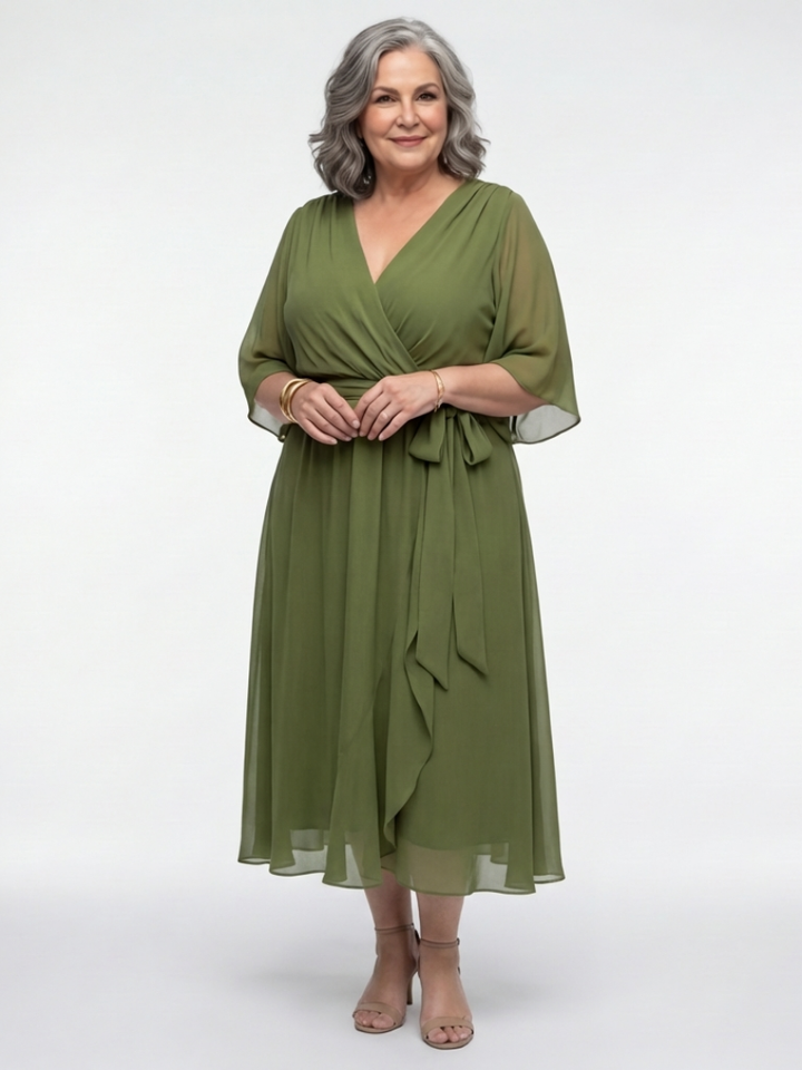 Naledi | V Neck Draped Waist Tie Midi Dress