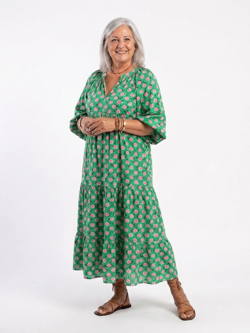 Lioren | Floral Print V Neck Tiered Midi Dress