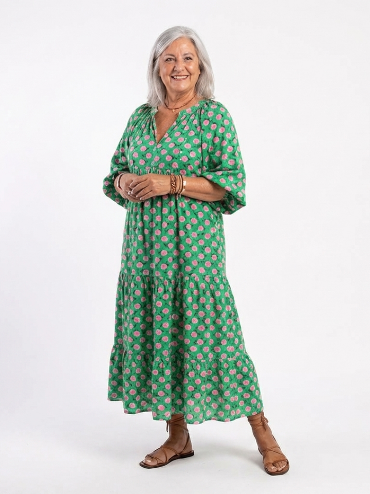 Lioren | Floral Print V Neck Tiered Midi Dress