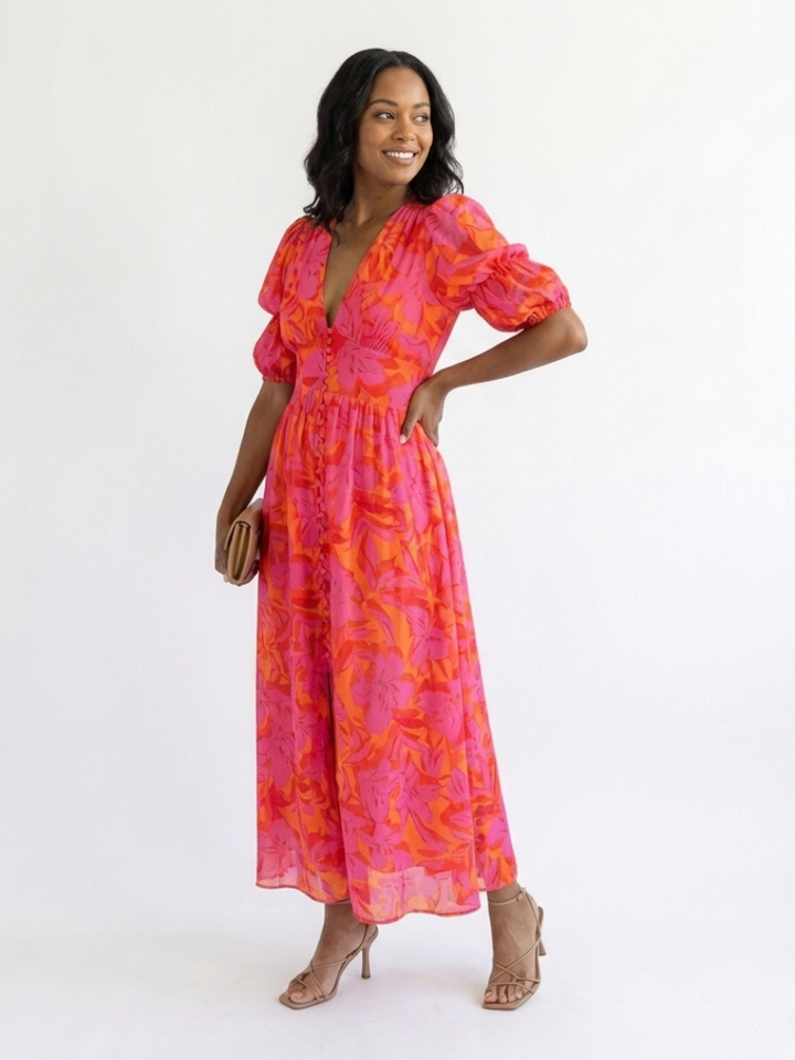 Sophie | Floral V Neck Puff Sleeve Midi Dress