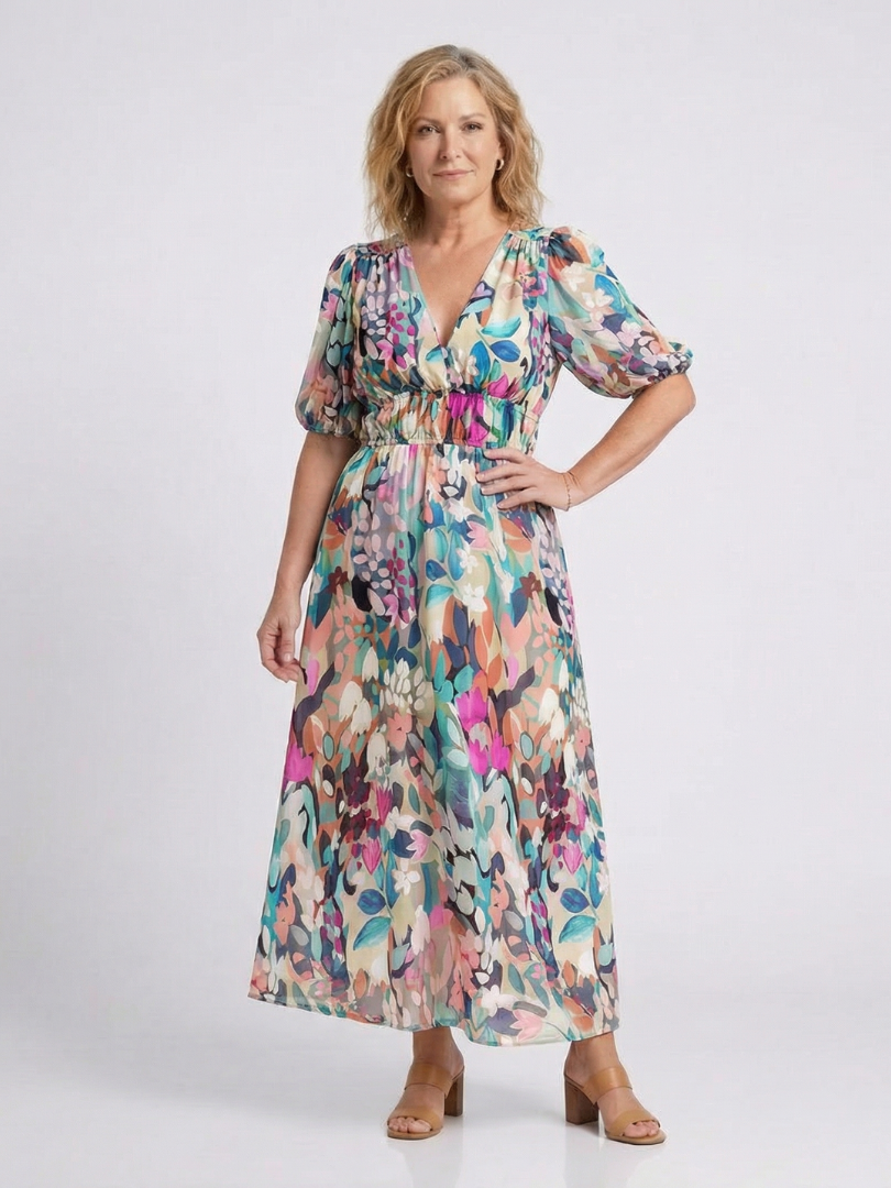 Maya | V Neck Short Sleeve Gathered Waist Midi Dress