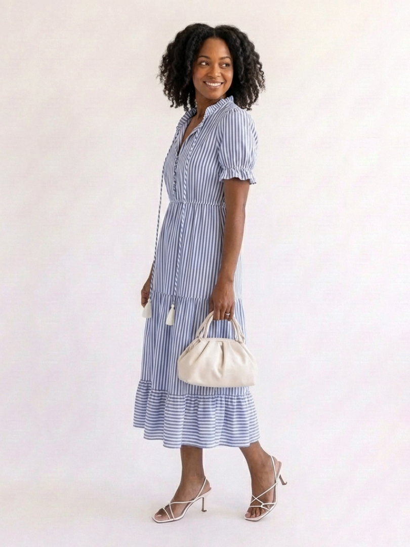 Mirelle | Short Sleeve Striped Tiered Midi Dress
