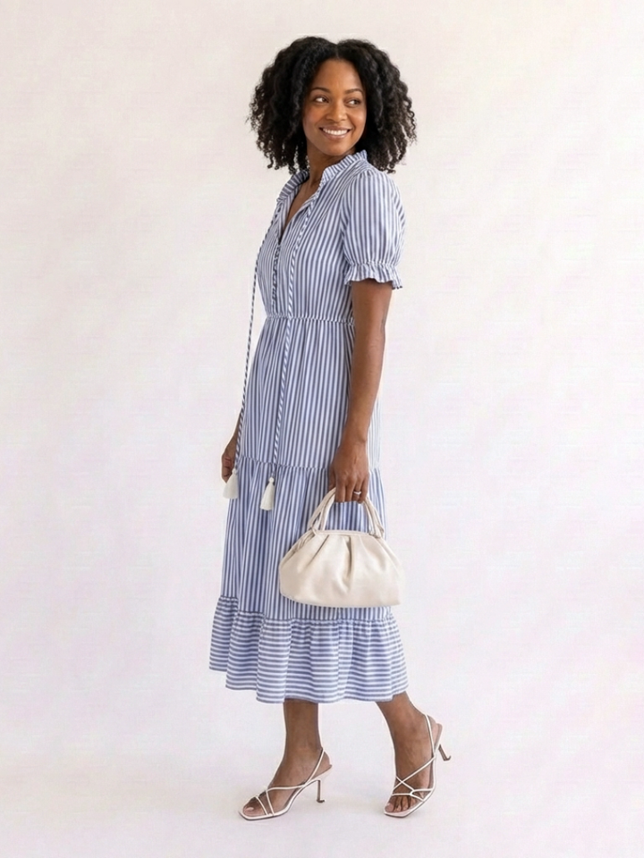 Mirelle | Short Sleeve Striped Tiered Midi Dress
