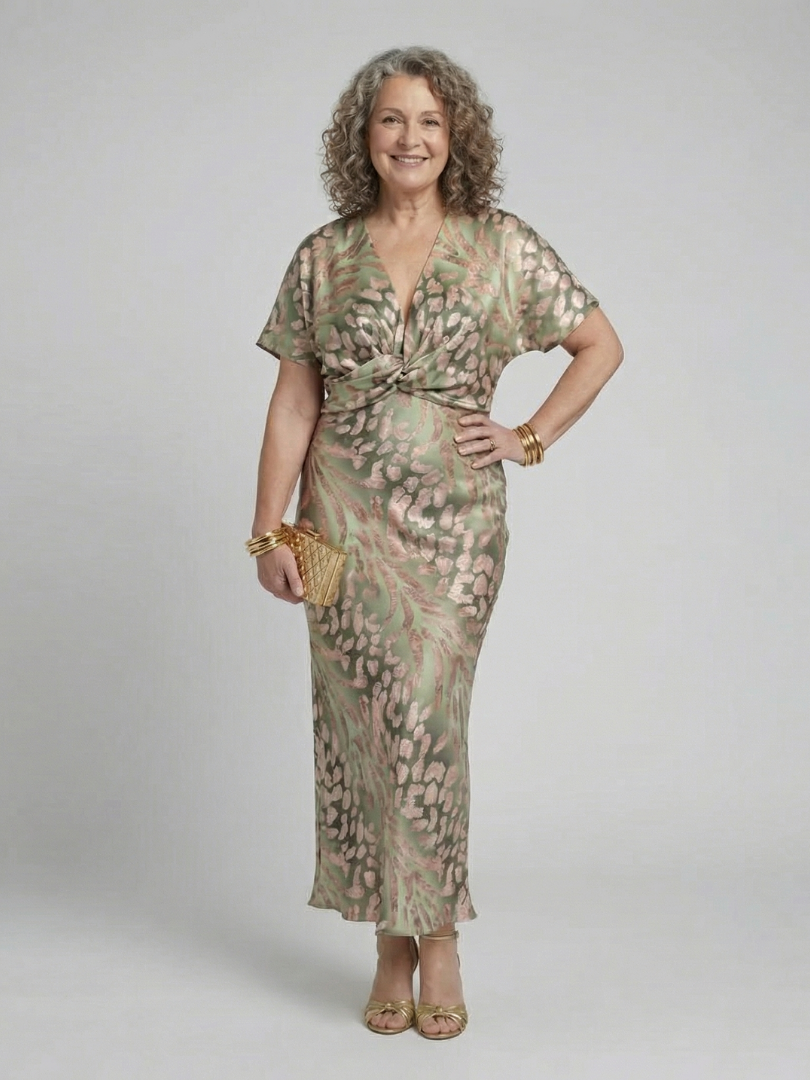 Zanele | Abstract Print V Neck Twist Waist Midi Dress