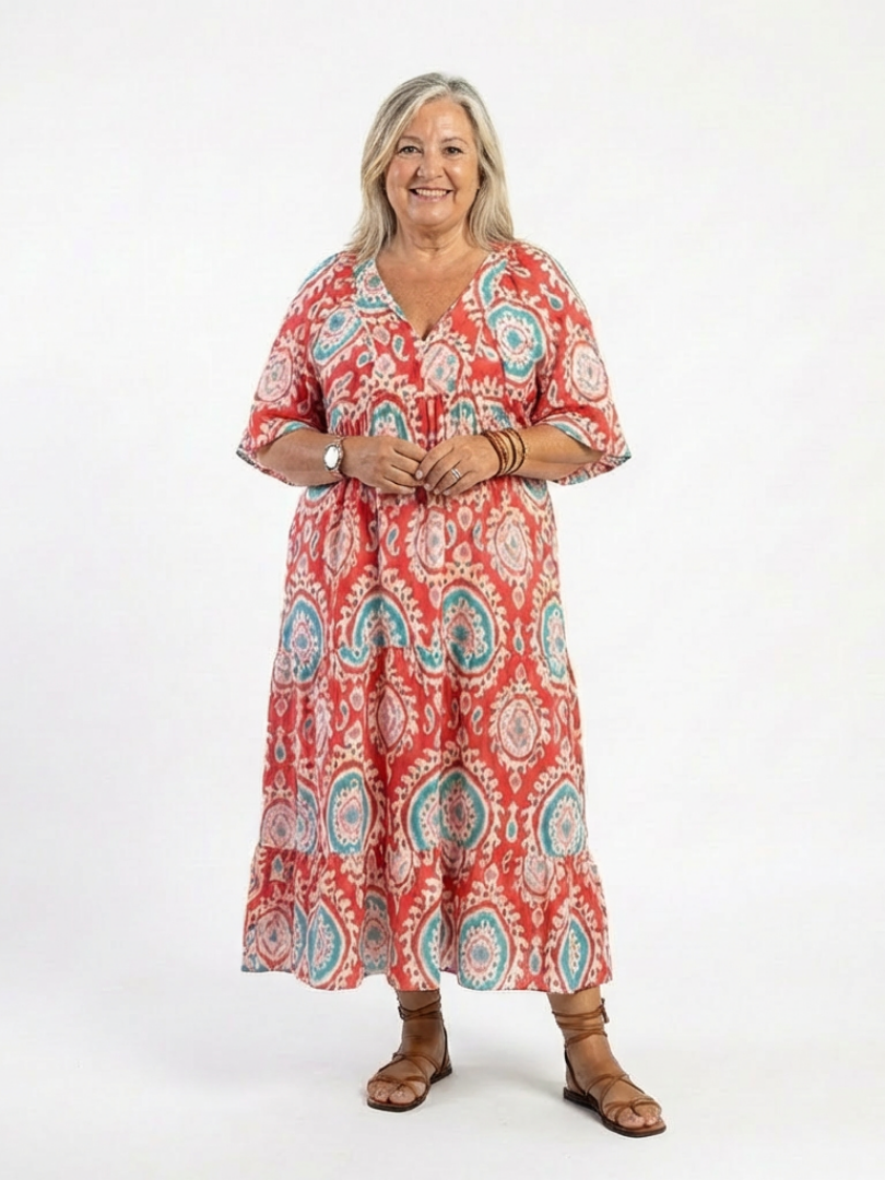 Alira | Paisley Print V Neck Short Sleeve Midi Dress