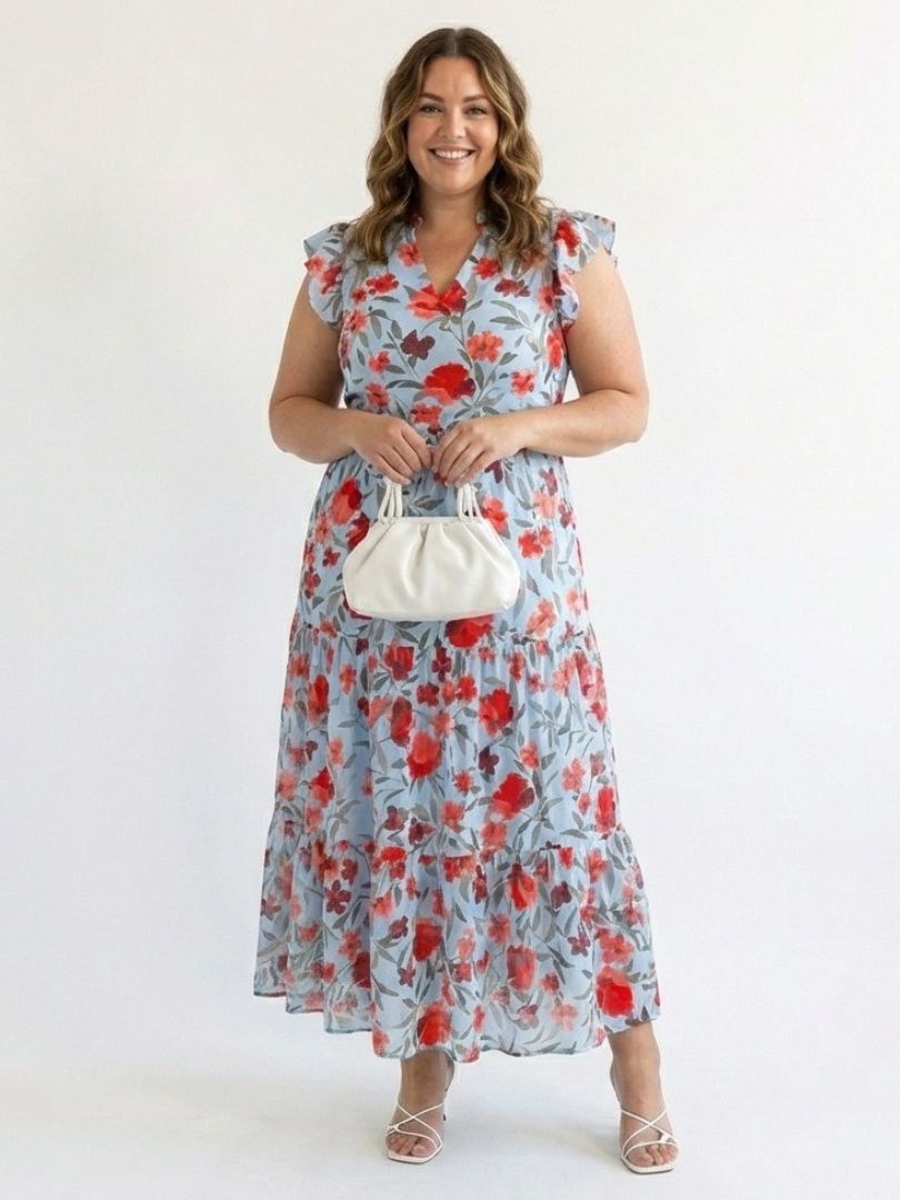 Emma | Floral V Neck Tiered Midi Dress